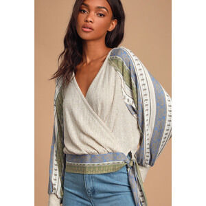 Lulus Laidback Vibes Beige Thermal Scarf Print Balloon Sleeve Top - Size S